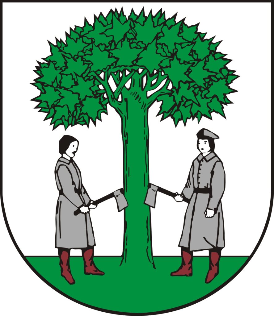 Herb miasta Jaworzna, na którym znajduje się wizerunek drzewa liściastego (klonu), z rozłożystą koroną, przy którym stoją naprzeciwko siebie dwaj drwale trzymający siekiery oparte o jego pień